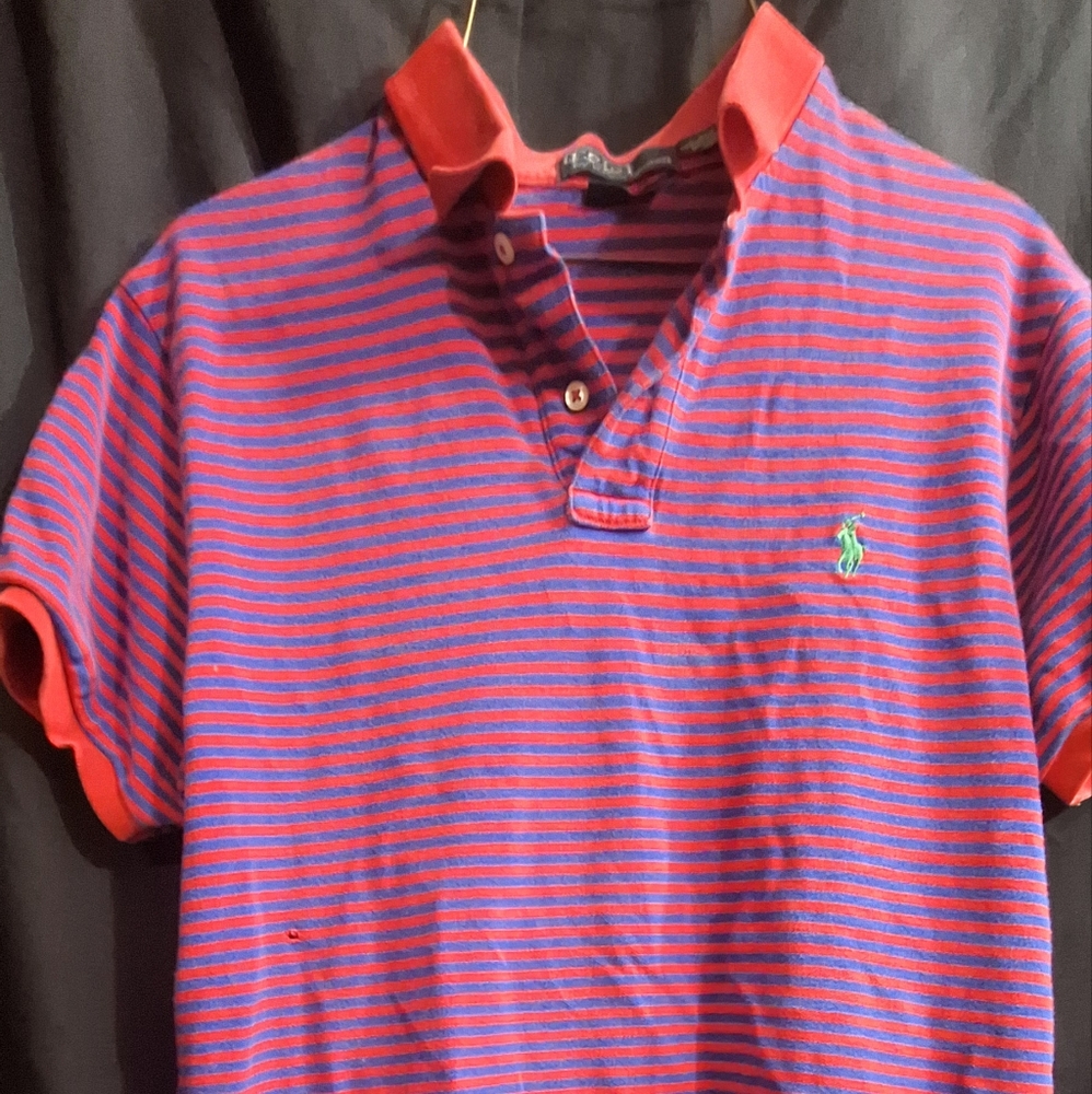 Polo by Ralph Lauren Custom Fit Polo Shirt Red Blue Stripe Size L